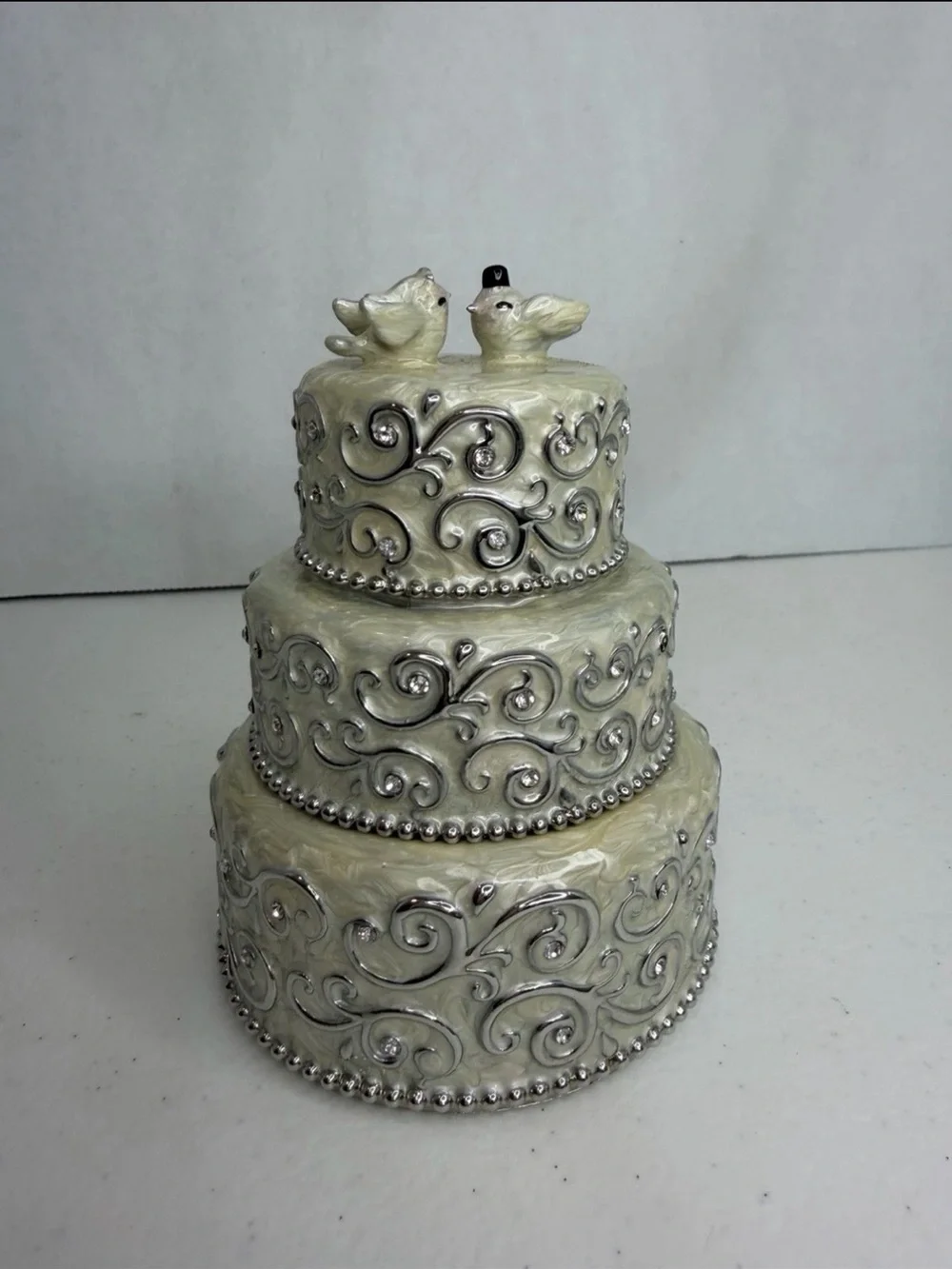 3 Tier Wedding Cake Trinket Box Ivory Silver Scroll Doves Rhinestone Jewelry Box